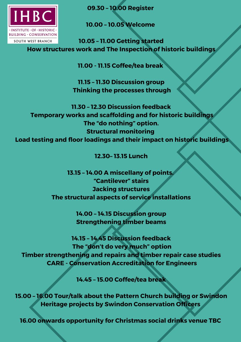 📢 IHBC SW Training Event
📅 3 December 2024, 9.30-4.30
📍<a href="/PatternChurch/">Pattern Church</a>, Swindon
🏚️"Structural Repair of Historic Buildings" led by Ian Hume

Programme below 👇
Booking here: tinyurl.com/3k6dmeph