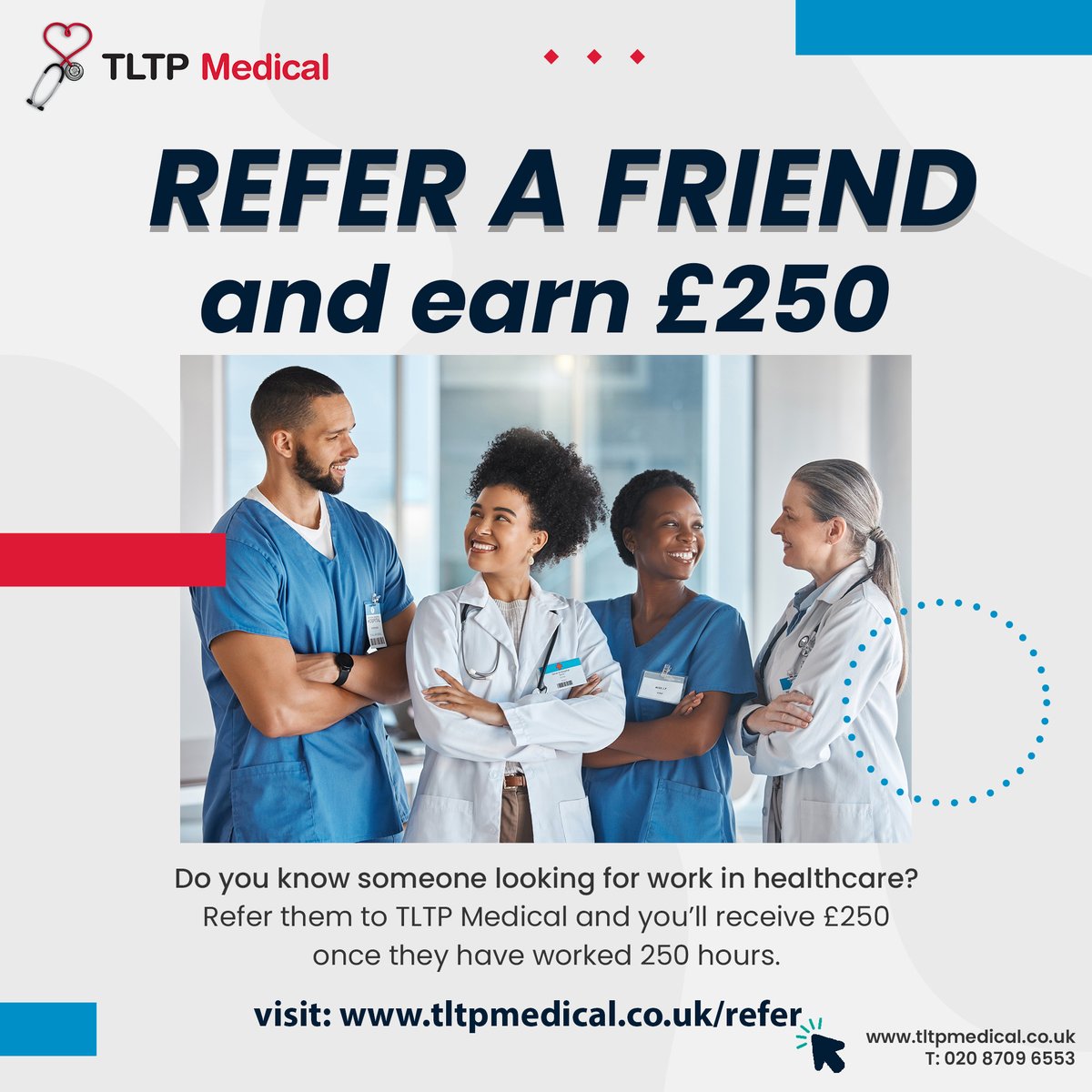TLTPMedical's tweet photo. ❓Did you know we offer a referral bonus of £250?

If you know someone looking to work in healthcare, share their details with us.

✨Start here: https://t.co/a68nazfUgc

#NHS #medical #healthcarejobs #healthcare #hospitaljobs #referral #refferalbonus #referafriend #locum https://t.co/vNbxYJIieb