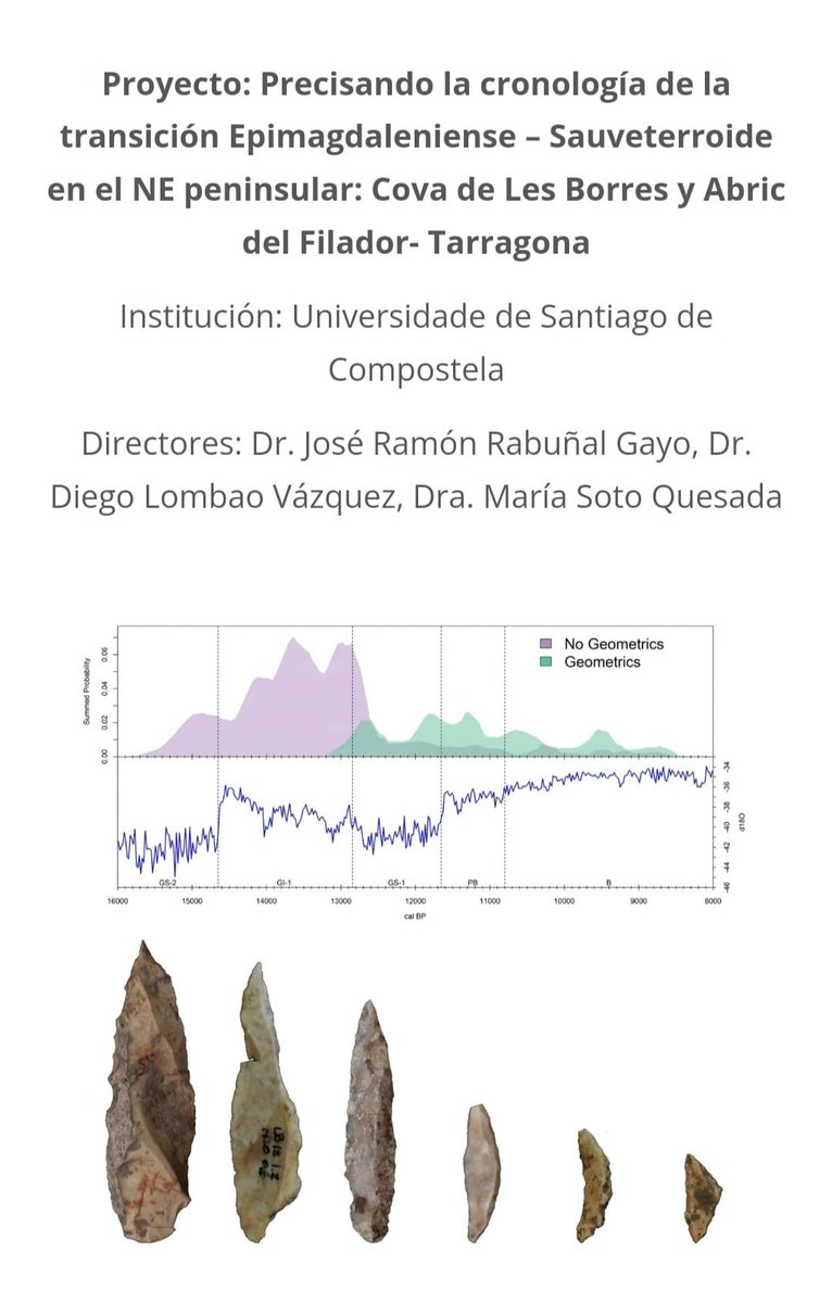 rabunhal's tweet image. 🎴Gracias al apoyo de la @FundacionPalarq podremos analizar con mayor precisión cronológica la transición Epimagdaleniense-Sauveterroide en la Cova de Les Borres y el Abric del Filador (Tarragona). 🔎⌚️
@facultadeXH @CISPAC_gal @Madrid_IAS @iphes @Paleofebro