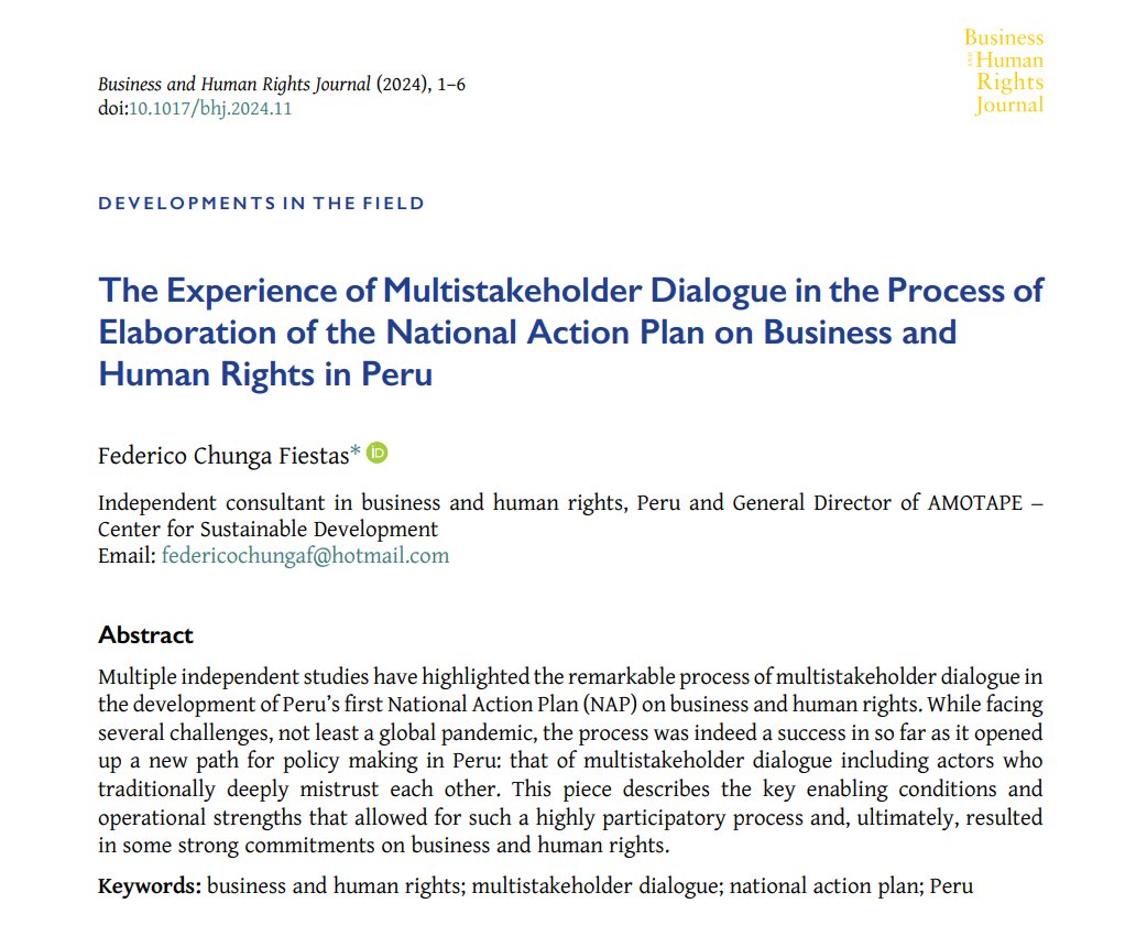BHR Journal (@bhrjournal) on Twitter photo 📢 Publication Alert!
Read our developments in the field article: "The Experience of Multistakeholder Dialogue in the Process of Elaboration of the National Action Plan on Business and Human Rights in Peru " by Federico Chunga Fiestas. <a href="/federicochunga/">Federico Chunga Fiestas</a>
cambridge.org/core/journals/… 📢 Publication Alert!
Read our developments in the field article: "The Experience of Multistakeholder Dialogue in the Process of Elaboration of the National Action Plan on Business and Human Rights in Peru " by Federico Chunga Fiestas. <a href="/federicochunga/">Federico Chunga Fiestas</a>
cambridge.org/core/journals/…
