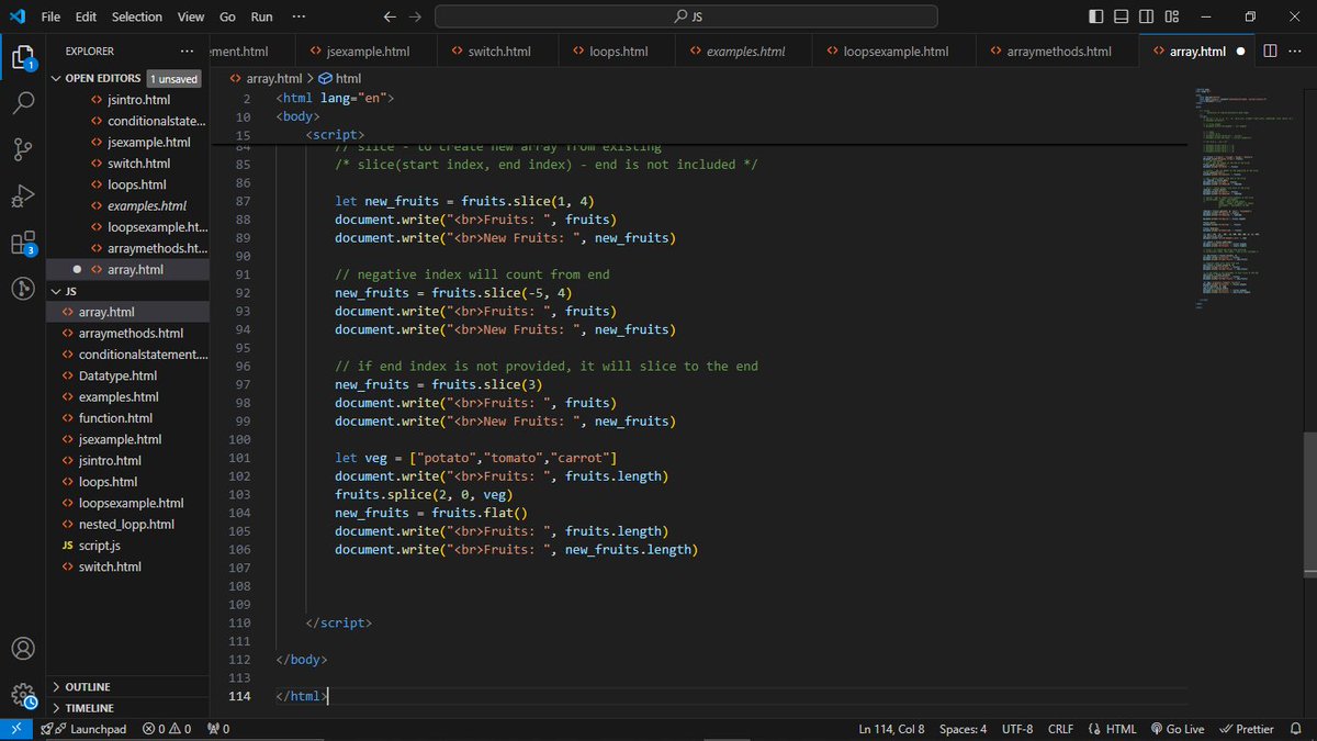 #LUD14
Today, I learned about array methods in JS  such as push, slice, splice, sort, reverse, shift, pop, and unshift. These methods are essential for manipulating arrays, allowing for adding, removing, and reordering elements. #LearningUtsav #FestivalOfLearning <a href="/learning_utsav/">Learning Utsav</a>
