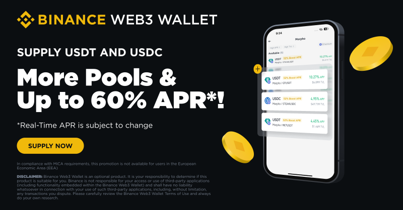 BinanceWallet's tweet photo. Have you supplied Simple Yield Morpho Pools yet? 
Good news! 3 more @MorphoLabs 🦋 pools are coming!

Supply USDC and USDT on Binance Web3 Earn Morpho Pools and enjoy an exclusive APR boost! 🚀

Promotion Period: 📅 2024-10-17 00:00:00 to 2024-10-23 23:59:59 (UTC)

Supply now! ⤵️