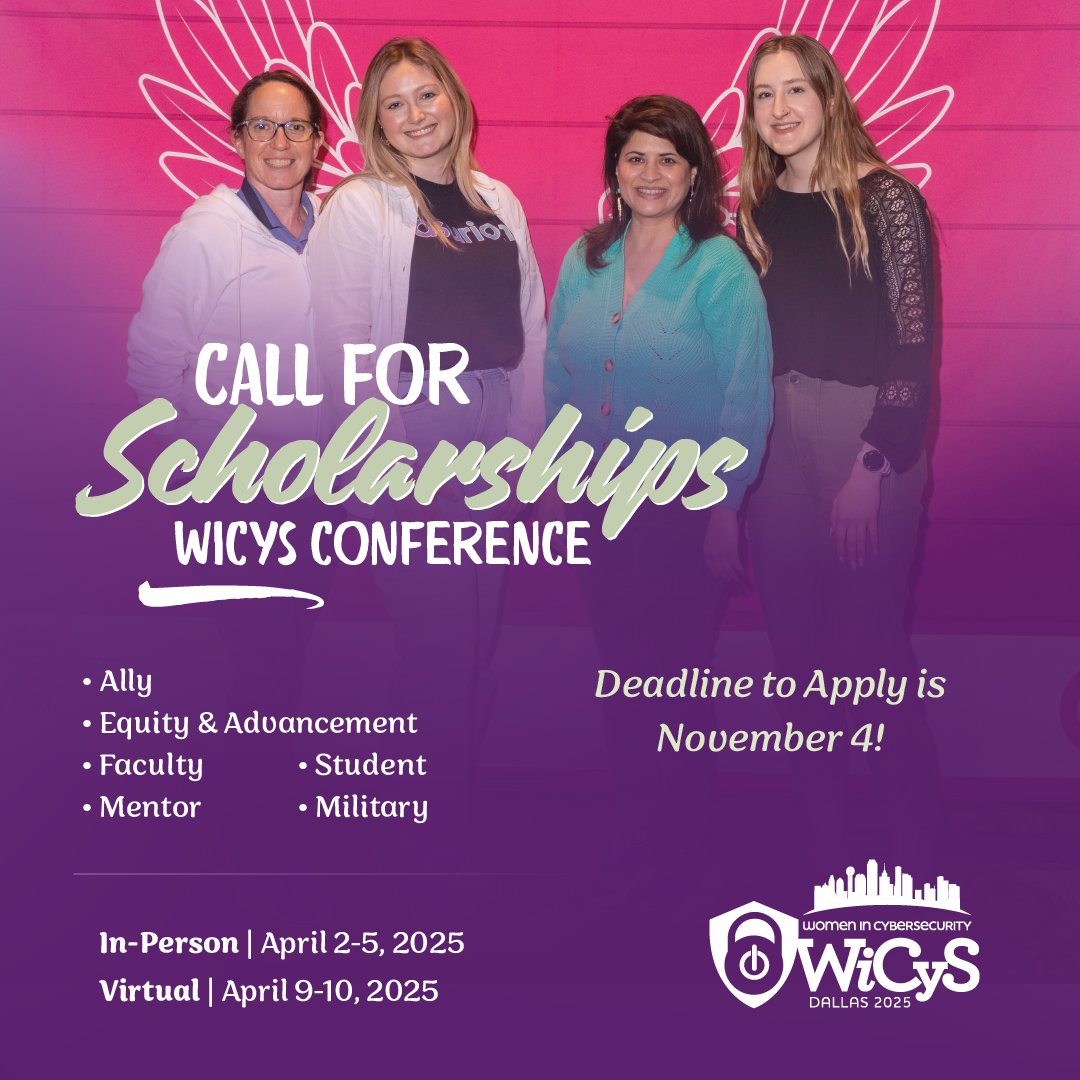 WiCySorg's tweet photo. 🎓💻 Ready to attend #WiCyS2025 in Dallas? Apply for one of our scholarships! Scholarships include reduced registration, free lodging, and more! 🚀 Applications close Nov 4! ⏳

Learn more and apply now 👉 https://t.co/IujOtGIxBn

#WiCyS2025 #womenincybersecurity https://t.co/NuTbOlVSUd