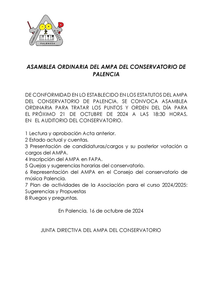 Asamblea Ordinaria del <a href="/AmpaConserpal/">AMPA Conservatorio Palencia</a>