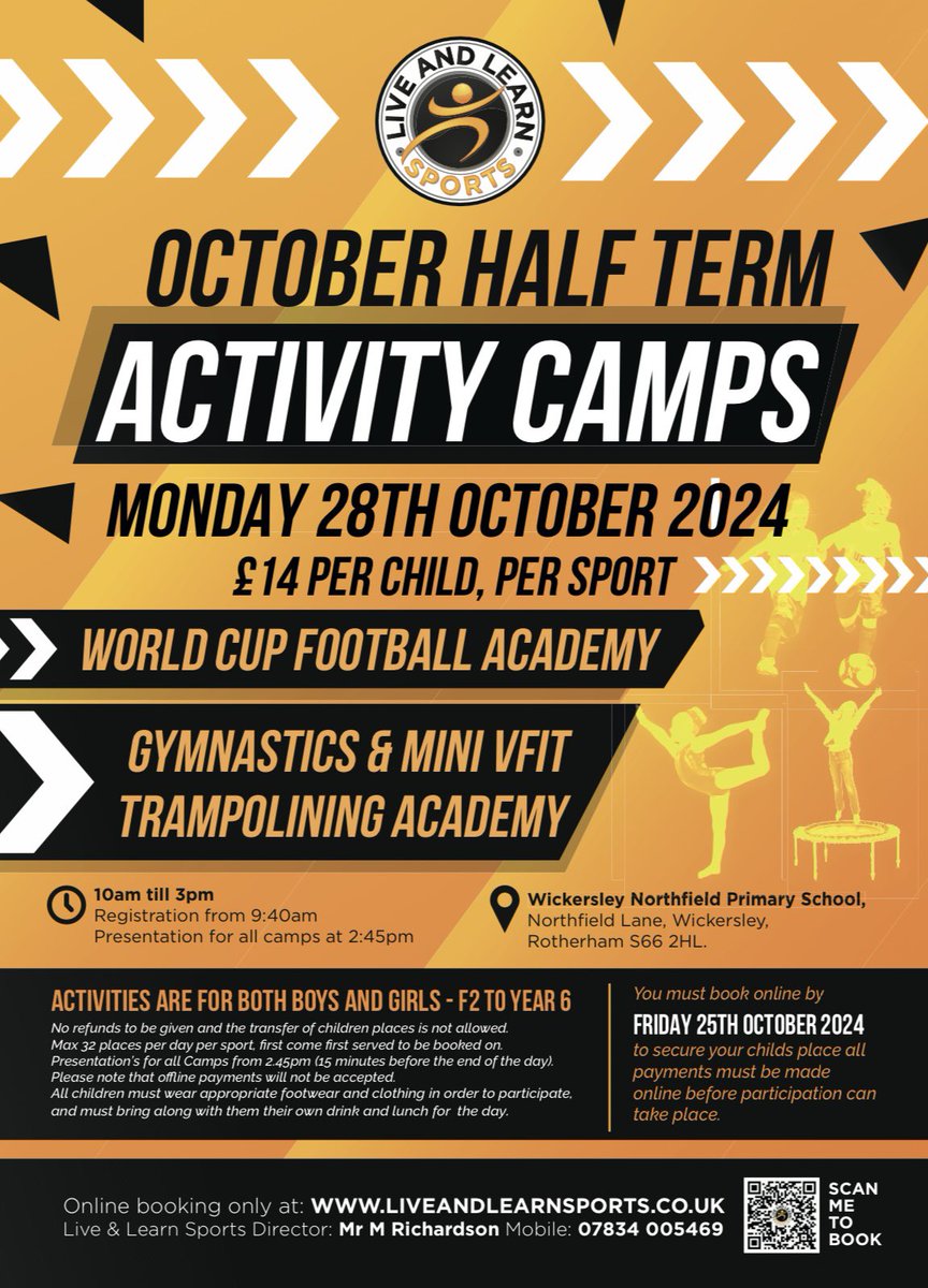 October Half Term 👻🎃 

Our very popular Football and Gymnastics camps are back 🙌🏻

Why not book a place and see what exciting Halloween fun we have planned for you.

We can’t wait to see you there 👻🎃

Book now at:

liveandlearnsports.co.uk/book-a-course/