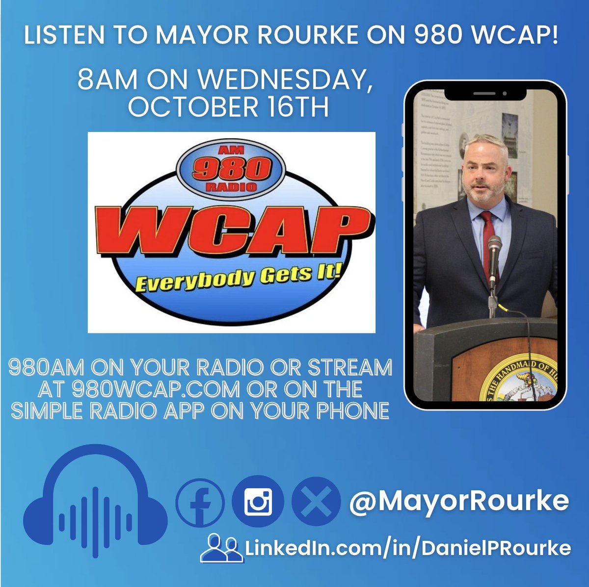 Mayor Daniel P. Rourke (@mayorrourke) on Twitter photo I'll be on 980 WCAP this morning at 8am to discuss last night's City Council meeting and other <a href="/CityofLowellMA/">City of Lowell, MA</a> business!
Tune in by going to 980AM on your radio, online at 980wcap.com or stream it live on your phone or tablet by downloading the Simple Radio app. I'll be on 980 WCAP this morning at 8am to discuss last night's City Council meeting and other <a href="/CityofLowellMA/">City of Lowell, MA</a> business!
Tune in by going to 980AM on your radio, online at 980wcap.com or stream it live on your phone or tablet by downloading the Simple Radio app.