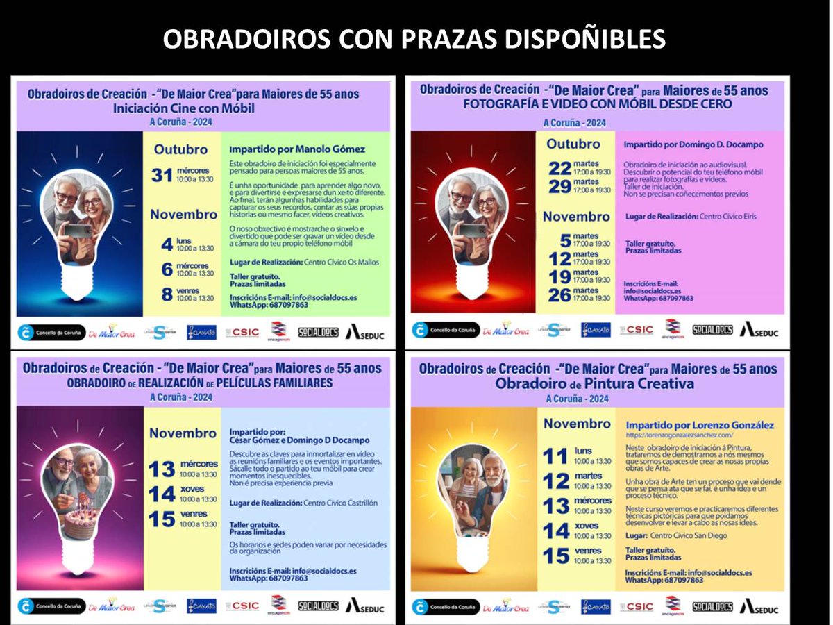 Obradoiros gratuitos para mayores de 55 anos. #ACoruña #seniors