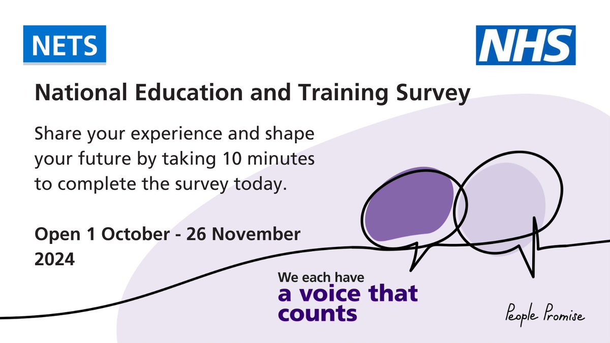 The National Education and Training Survey is  open.   You can share your experience and shape your future by taking 10 minutes to complete the survey between 1 October - 26 November 2024. #NHS #NETS2024 🔗 hee.nhs.uk/nets-2024