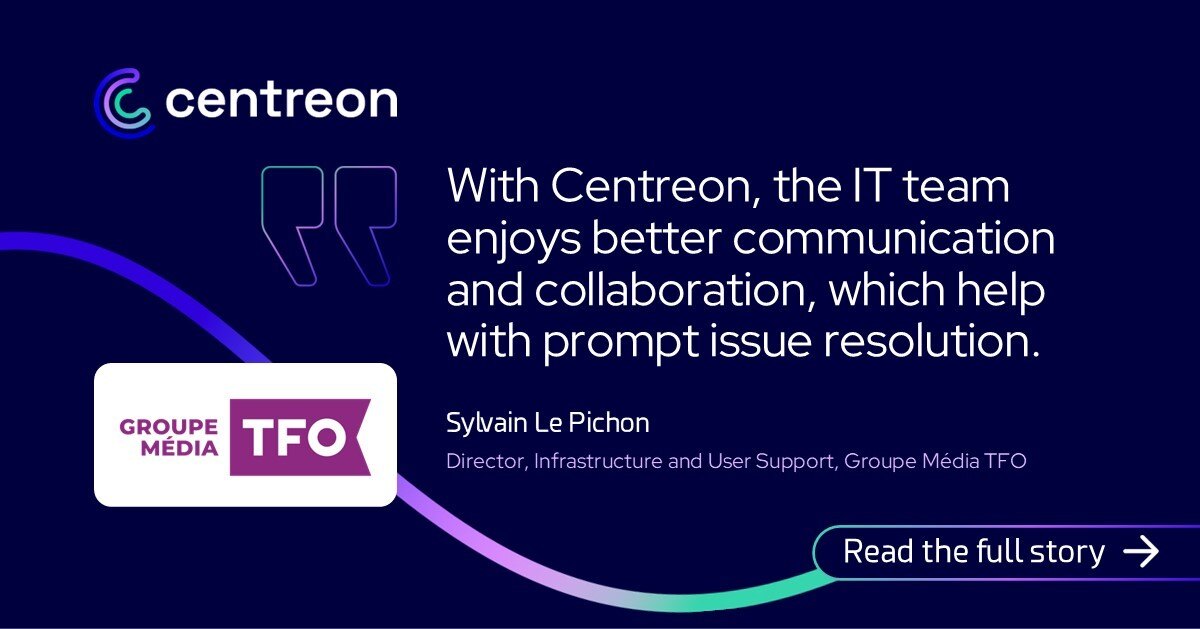 🚀 Groupe Media TFO boosts IT visibility and collaboration with Centreon, driving faster issue resolution and superior digital experiences. Learn more 👉 eu1.hubs.ly/H0cWwgL0

#MonitorAnythingAnywhere #Media #ITMonitoring #Centreon #ITOps #CX #DX