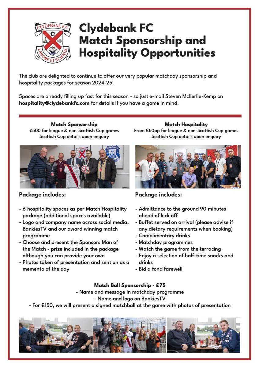 BankiesTV's tweet photo. We’re looking for a hero to sponsor Saturday’s match with Cumnock after a late cancellation. Can you step up and save the day?

Treat yourself while backing your local league leaders. Recent testimonial below👍 hospitality@clydebankfc.com to book

Give it a share troops🔴⚪️⚫️ https://t.co/SLlBMJfPVq