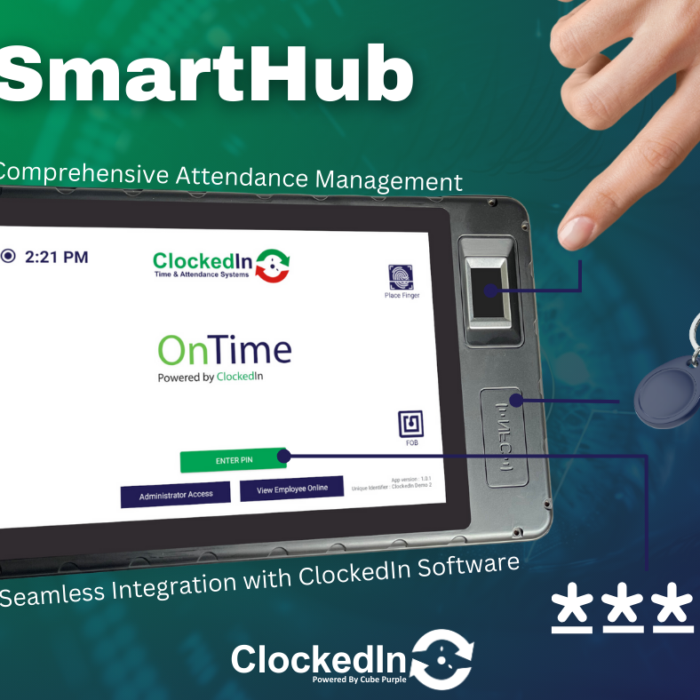 The ClockedIn SmartHub is a biometric device that offers both flexibility and functionality.

Featuring a fingerprint reader, NFC reader for RFID tags and touchscreen display.

It also sends real-time data to your ClockedIn dashboard.

#TimeAttendance #HR #SmartBusiness
