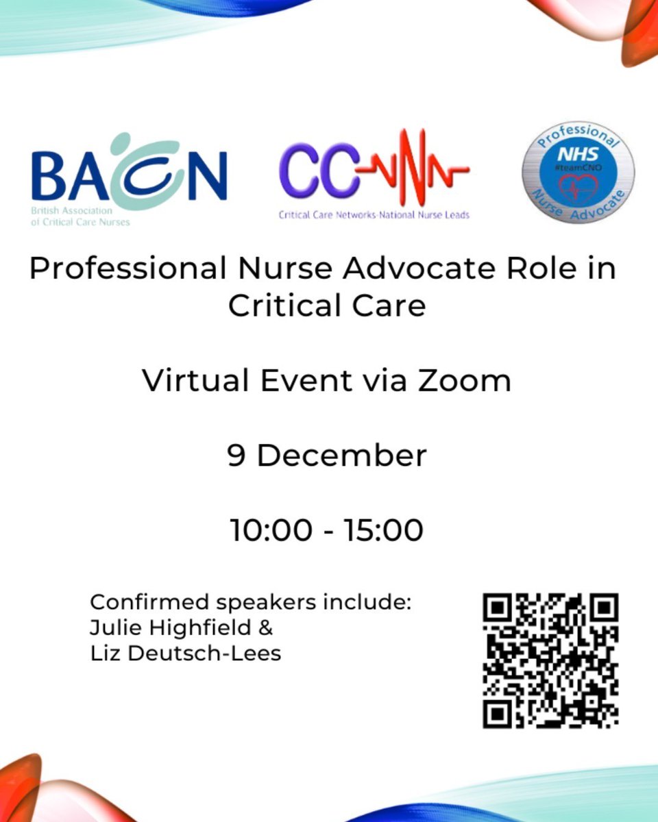 PNAs, and anyone interested in the role, are invited to a joint BACCN and CC3N Critical Care PNA Virtual Event on 9 December 2024, 10:00-15:00 via ZOOM.  Free to all.  For bookings &amp; more info. see baccn.org/meeting-bookin…
