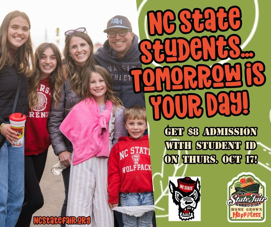 Paid Ad: NC State students, don't miss this opportunity to get cheaper admission to the N.C. State Fair! On Thursday, Oct. 17th ONLY, NC State students can show their student ID at the gate and receive admission for only $8! Come out and enjoy Wolfpack Day at the N.C. State Fair!