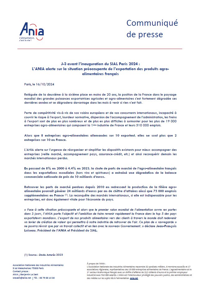 #SIAL2024 | J-3 avant l’inauguration du <a href="/sial_paris/">SIAL Paris</a>. L’ANIA alerte sur la situation préoccupante de l’exportation des produits agro-alimentaires français.