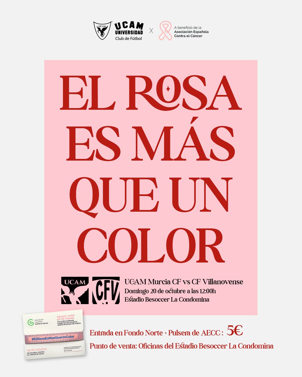 𝐀𝐜𝐜𝐢𝐨́𝐧 𝐬𝐨𝐜𝐢𝐚𝐥 | #ElRosaesMásQueunColor 🩷

El Club y <a href="/ContraCancerMUR/">Asociación Española Contra el Cáncer Reg. Murcia</a> se unen de cara al #UCAMMurciaVillanovense.

Dona 5€ a favor de su investigación y recibirás una pulsera 🎀 conmemorativa y una entrada 🎟️ para este encuentro liguero en el fondo norte.

¡Un gesto