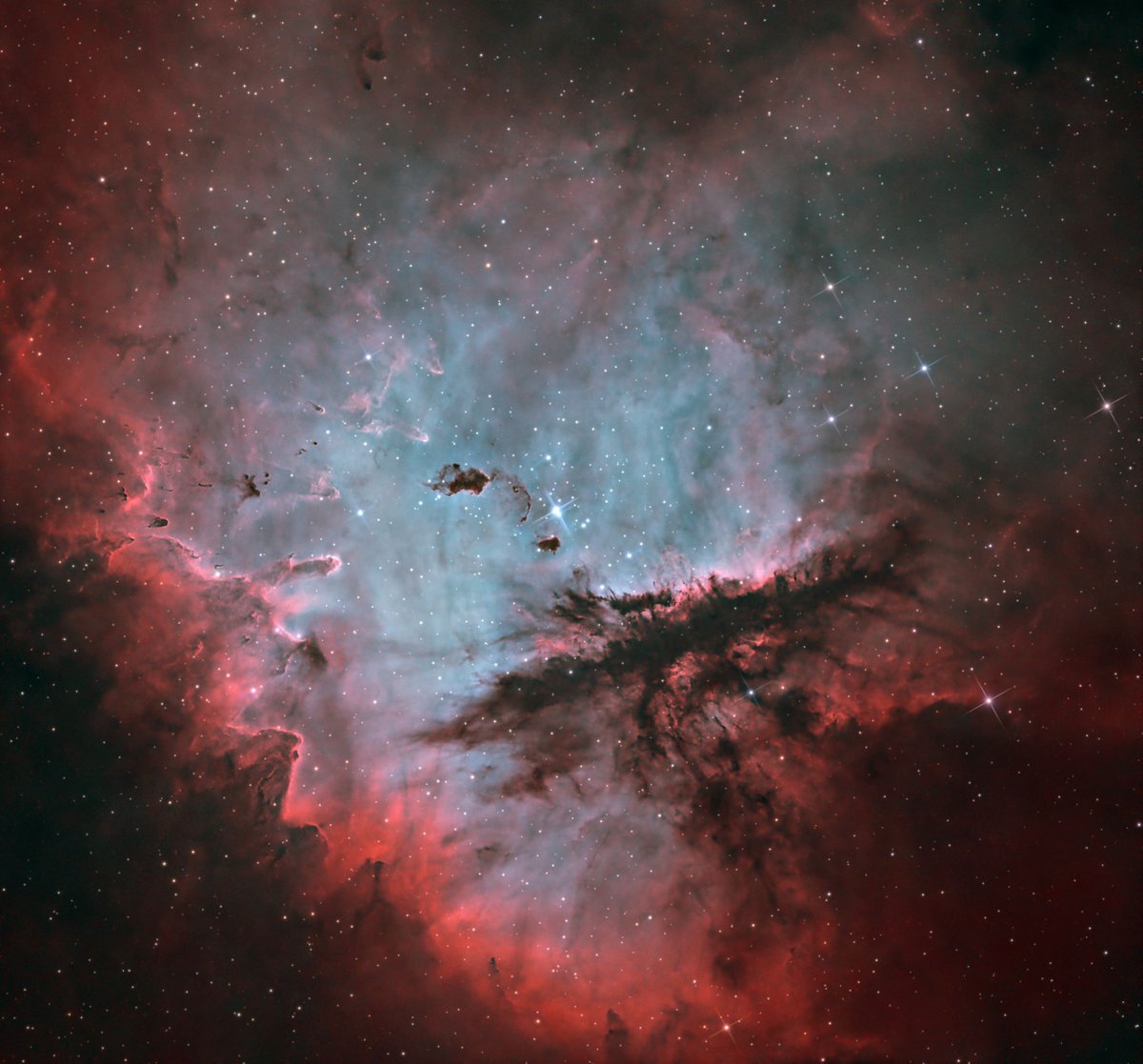 This stunning image of NGC 281 was taken by group member @scollinsastro
 NGC 281 is an emission nebula located in Cassiopeia. Composed here with ~6.5hrs of total integration time. Split between Ha, Oiii and RGB stars for a very nice rendition. 
Star Party link in Bio