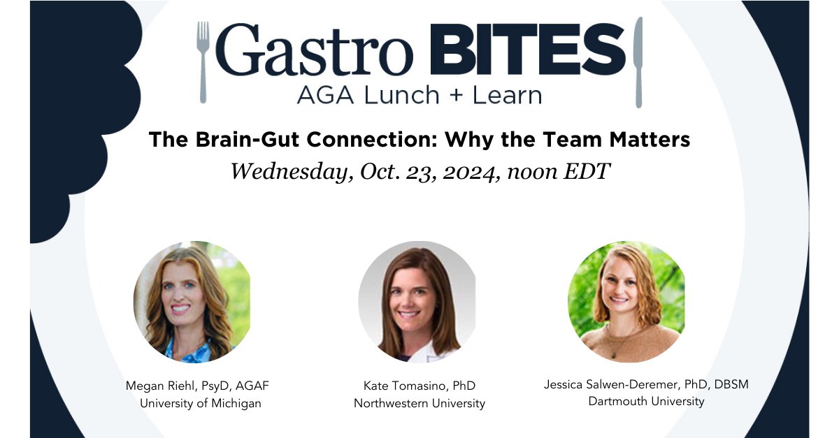 AmerGastroAssn's tweet photo. Join us as we explore how mental health impacts gastrointestinal functioning and discover psychological interventions, known as brain-gut behavioral therapies, that can become integral in treatment planning. Register: https://t.co/OZ7gBmCNPz
@DrRiehl @DrKateTomasino https://t.co/VPeYMuDLgh