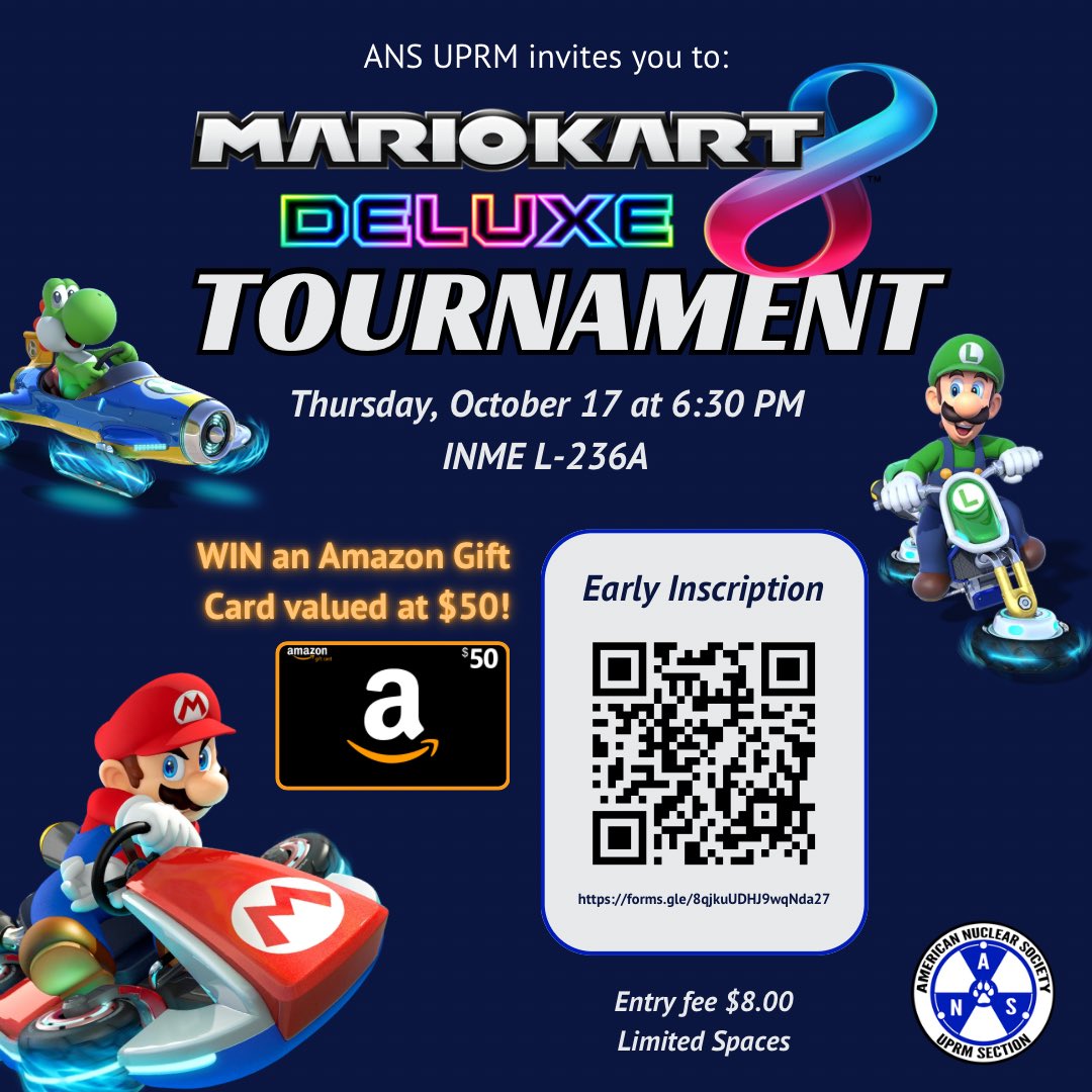 CHANGE IN LOCATION AND TIME

🚦🏎️🏁We invite you to our Mario Kart Tournament to be held Oct 17th at 6:30 PM at INME L-236A. The champion will win a $50 Amazon Gift Card! Early Inscription: forms.gle/U4cQ9sZ2jHjz4o…