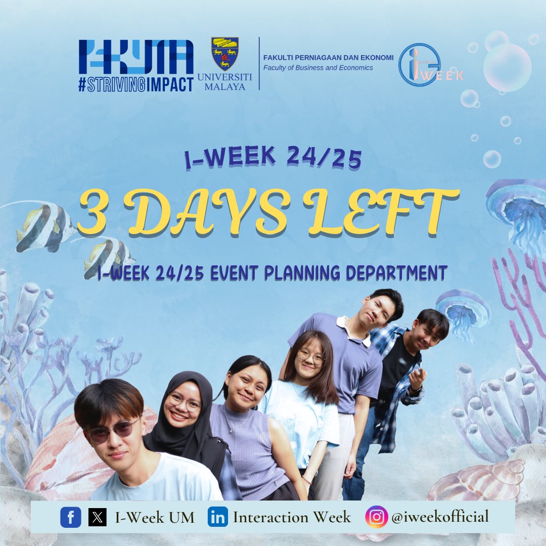 iweekofficial's tweet photo. 🏄‍♂️ 𝘼𝙝𝙤𝙮 𝙁𝙧𝙚𝙨𝙝𝙞𝙚𝙨! 🏄‍♀️  
3 Days Until I-Week 24/25!

The countdown is almost over—get ready for an epic weekend of fun, new connections, and opportunities!

🗓️ 19 &amp; 20 October 2024  
📍 Faculty of Business and Economics, UM  

#IWEEK2425 #3DaysLeft #FinalCountdown https://t.co/jE2QQgooz5