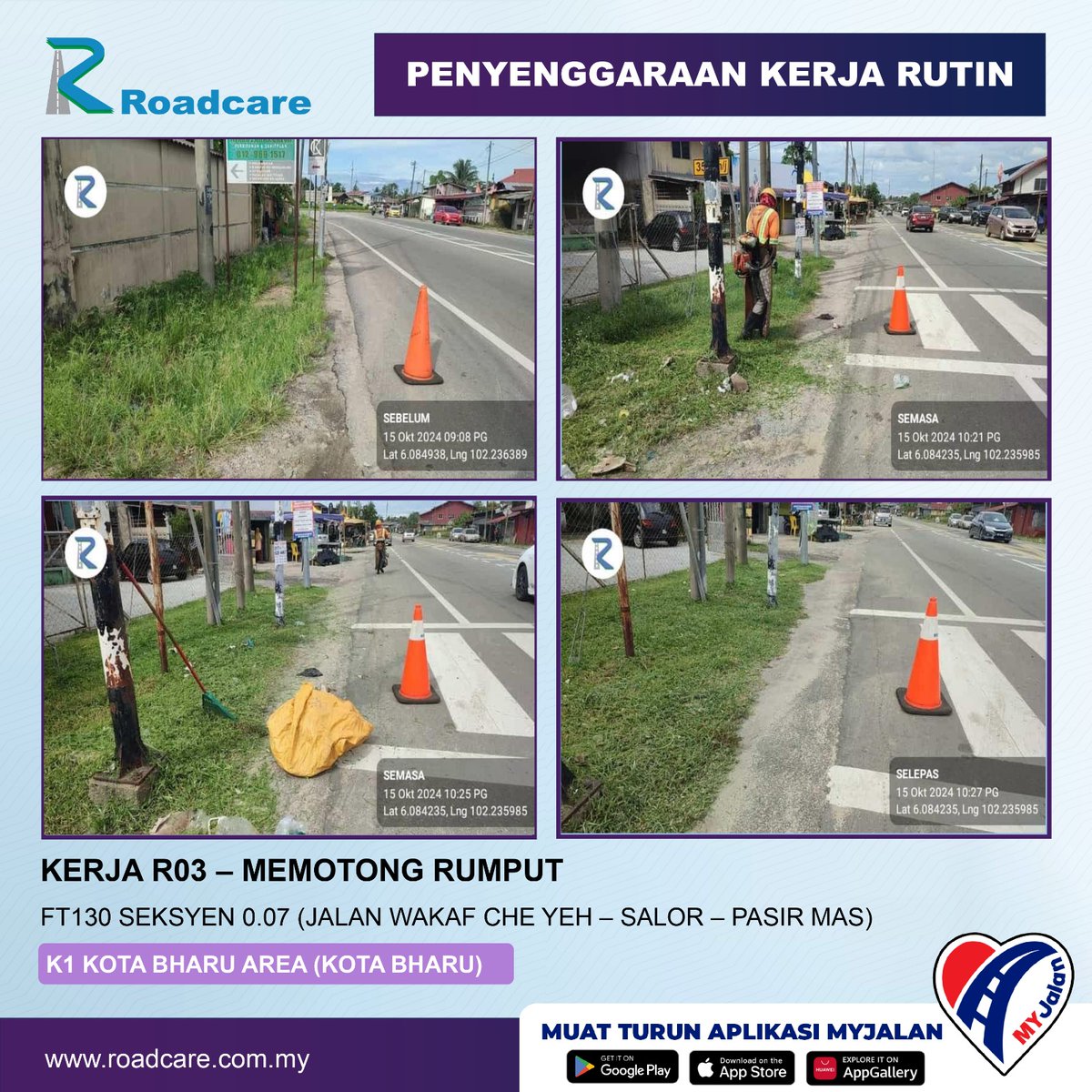 🚧 Kemas kini kerja-kerja rutin 🚧
Rutin: R03 - Memotong Rumput
Tarikh: 15 Oct 2024
Daerah: Kota Bharu, Kelantan
Lokasi: FT130 Seksyen 0.07 (Jln Wakaf Che Yeh - Salor - Pasir Mas)
#teamroadcare
@JKRkotabharu
<a href="/BhgJalan_Kelate/">Bhg Jalan JKR Kelantan</a> 
<a href="/JKRMalaysia/">JKR Malaysia</a>
<a href="/Roadcare_HQ/">ROADCARE (M) SDN BHD</a> 
<a href="/Roadcare_Kelntn/">ROADCARE WILAYAH KELANTAN</a>
<a href="/ZTTCSFJ/">ZTT CSFJ</a>