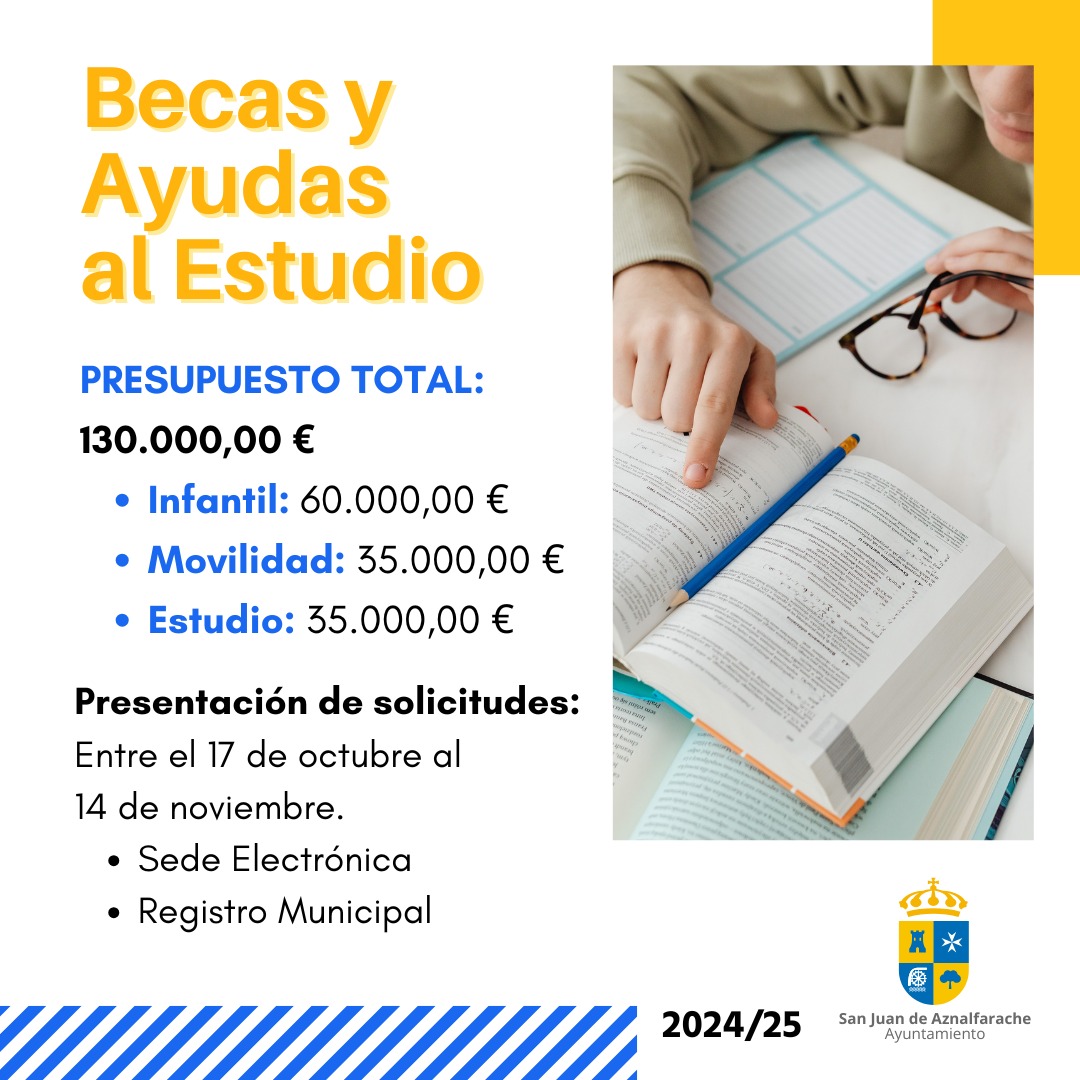 📚 Mañana jueves 17 de octubre se abre el plazo de solicitud de las Becas y ayudas municipales al estudio. 
Las solicitudes se pueden presentar telemáticamente por Sede Electrónica o, de forma presencial, en el Registro municipal (Ayuntamiento).
sanjuandeaznalfarache.es/es/educacion/b…