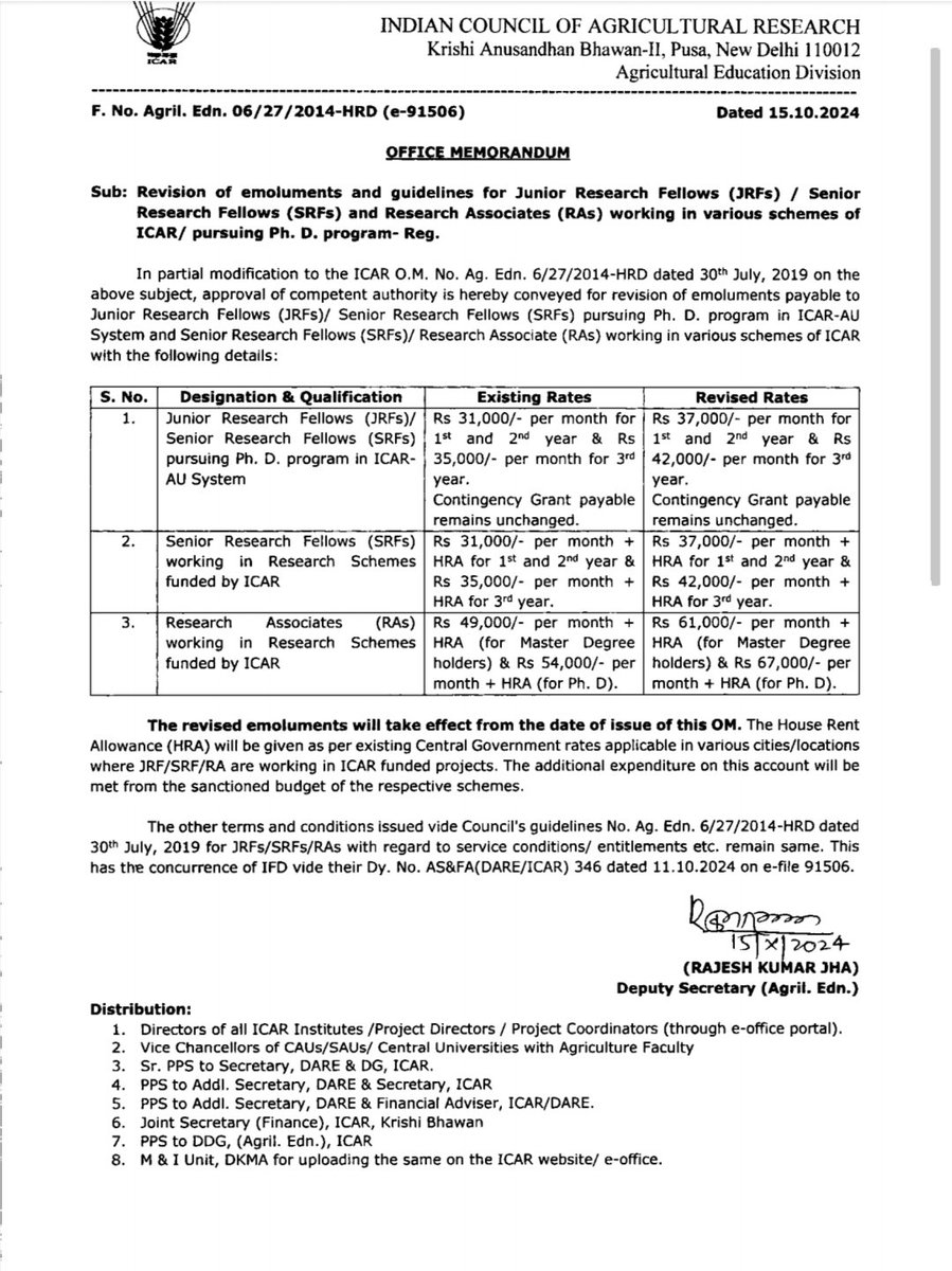 <a href="/icarindia/">Indian Council of Agricultural Research.</a> scholars' funds withheld for 1.10 yrs!

Other funding bodies paid arrears from 1 Jan 2023
ICAR:
- No hike till 15 Oct 2024
- No arrears for 2023-2024

Is this justice? #ICARScholarsMatter #FellowshipRights 

<a href="/IndiaDST/">DSTIndia</a>
<a href="/DrJitendraSingh/">Dr Jitendra Singh</a> <a href="/PrinSciAdvGoI/">Principal Scientific Adviser, Govt. of India</a>