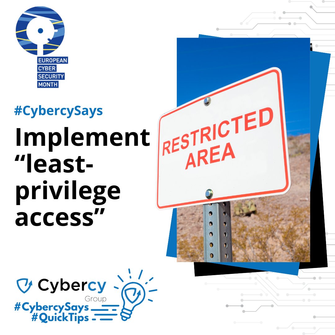 It's #CyberSecMonth and here's a daily #QuickTip to improve your security!

Today, #CybercySays always give the lowest access levels to people. You can always safely increase it as needed. Blanket access is risky!

#CyberSecurityMonth #FollowForMoreTips through the month
