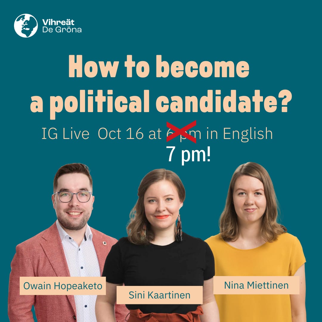 How to Become a Political Candidate – IG live in English today Oct. 16 at 7 pm. Did you know that you don’t need to be a Finnish citizen to be able to run in the municipal elections? greensisu.fi/2024/10/11/how… 🙌