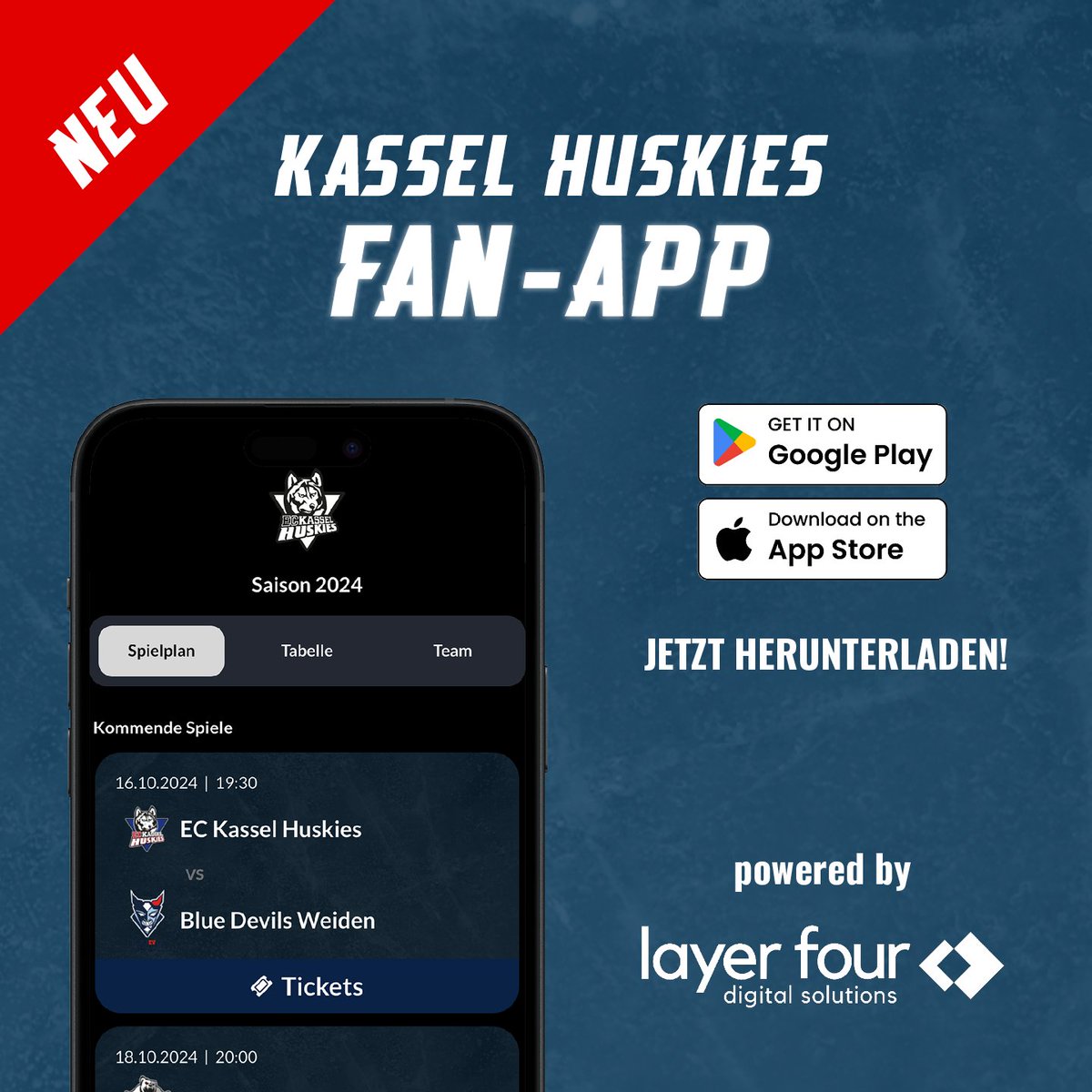 📣 𝙆𝘼𝙎𝙎𝙀𝙇 𝙃𝙐𝙎𝙆𝙄𝙀𝙎 𝘼𝙋𝙋 📲

Kassel Huskies x Layer Four 

Die Kassel Huskies App ist da – jetzt in der BETA-Version verfügbar! 🏒🚀

Jetzt herunterladen im Play- und AppStore!  🫵🏼

#KasselHuskies #imHerzeneinHusky