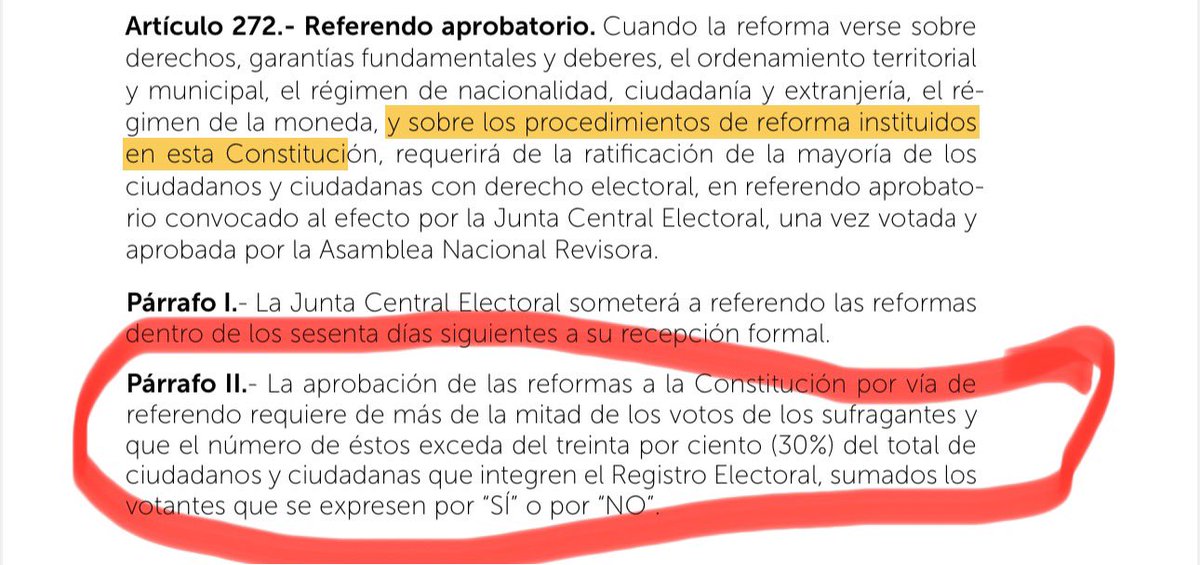 La Reforma Constitucional no cumple con el debido proceso que establece la misma Constitución, hasta que la <a href="/juntacentral/">JCE</a> no implemente el Referendo en el plazo instituido por los párrafos I y II del artículo 272.

Lo sabe así el <a href="/TribunalConstRD/">TCRD</a> y et al.