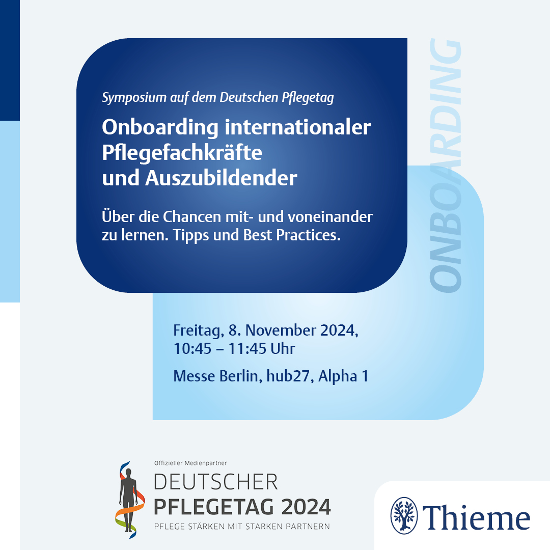 Internationale Pflegefachkräfte und Auszubildende gut integrieren. Was das im Alltag bedeutet und wie es gelingt, darüber sprechen wir am Deutschen Pflegetag in Berlin mit 3 Expert*innen. Diskutieren Sie mit und melden Sie sich an 👉 events.thieme.com/dpt-symposium/