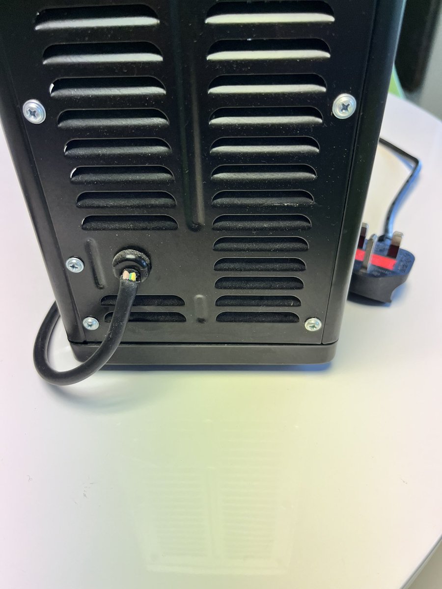 phazeelectrical's tweet photo. PAT Testing office today, split cable on back of heater, removed from service. https://t.co/HB9Xf5wU7m