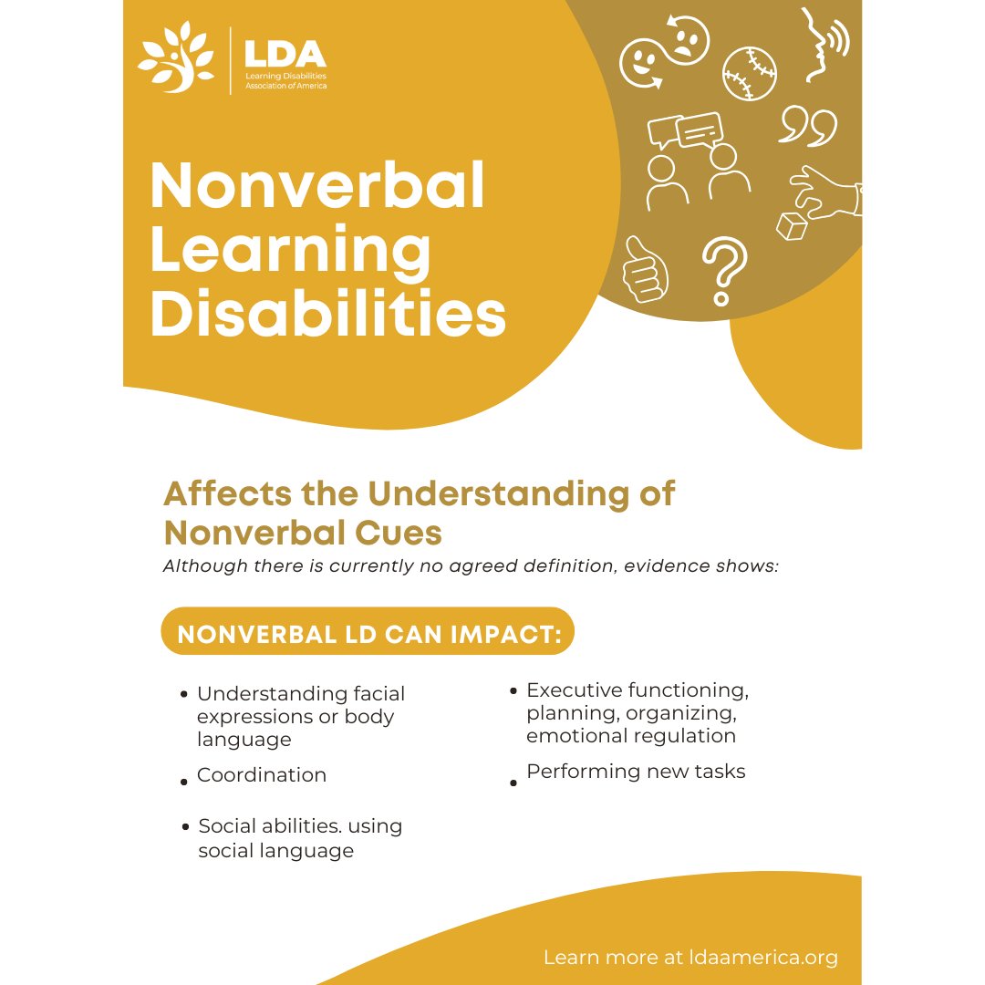 October is Learning Disabilities Awareness Month.
Today we will highlight Nonverbal Learning Disabilities.  #BeUnderstood and #LDmonth