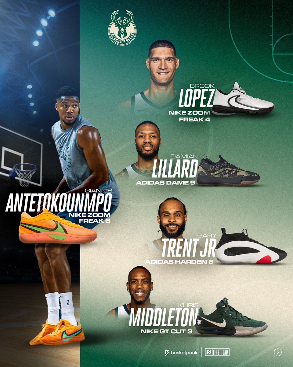 basketpackfr's tweet photo. Milwaukee Bucks preview 2024-25 👟

Découvre les paires probables des joueurs majeurs des Bucks ainsi que les maillots officiels de la franchise pour la saison NBA 2024-2025 🦌

#⃣ #bucks #milwaukeebucks #nbakicks https://t.co/SPkvgpKbUZ