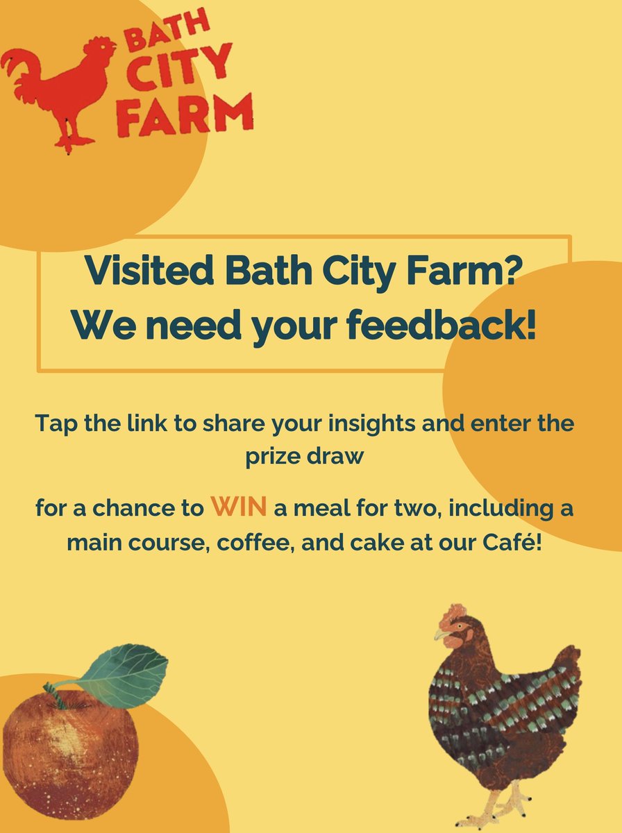Have you visited Bath City Farm?
We would love your feedback in our online survey.

Tap the link to share your insights and enter the prize draw to win a meal for two in our cafe.

forms.office.com/e/Z0tJUA1GUT

#bathcityfarm