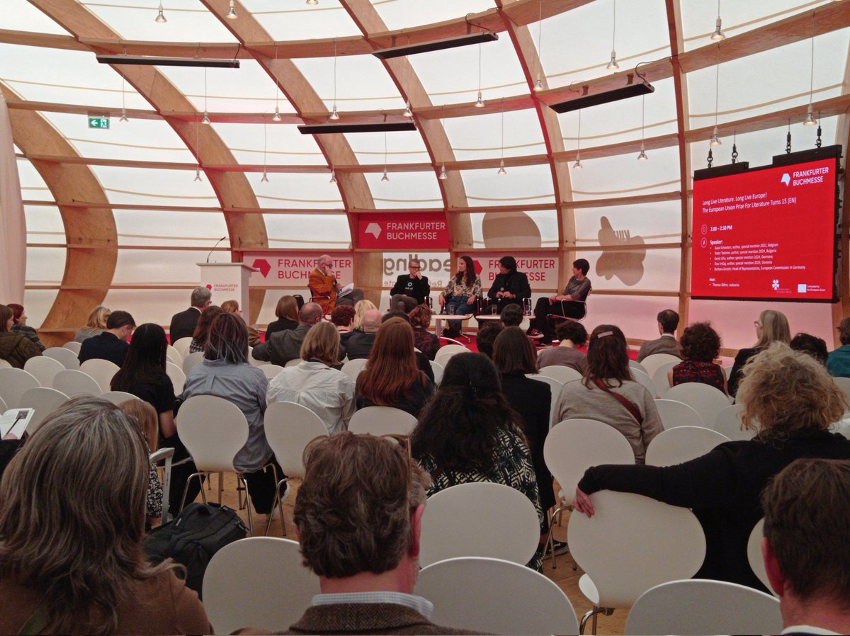FEP_EU's tweet photo. 🎉 Long live literature, long live Europe, and long live the @EUPLPrize!
🟡We're at the #Frankfurt @Book_Fair Pavilion with EUPL authors Gaea Schoeters, Todor Todorov, Tina Vrscaj and Deniz Utlu to talk about the Prize's value
Join us to toast the 15 years of #EUPL! https://t.co/QxaDPIWJBa