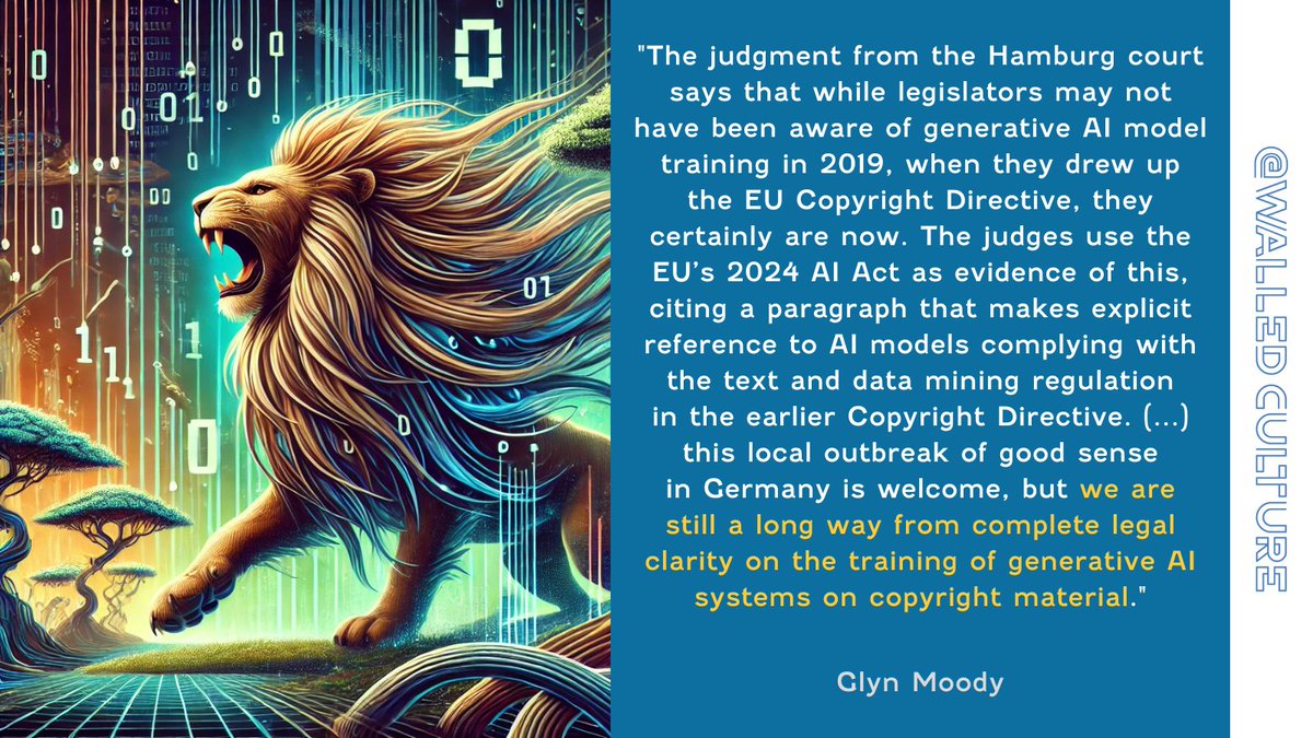Walled Culture (@walledculture) on Twitter photo The #LAION roars in 🇩🇪: <a href="/glynmoody/">Glyn Moody</a> reports on an #AI ruling from Hamburg's regional court on the <a href="/laion_ai/">LAION</a> dataset, citing <a href="/technollama/">Andres Guadamuz</a>. The judge finds the EU #AIAct clarifies the link between AI training & #CopyrightDirective's #TDM exceptions.
#GenAI
walledculture.org/german-court-l… The #LAION roars in 🇩🇪: <a href="/glynmoody/">Glyn Moody</a> reports on an #AI ruling from Hamburg's regional court on the <a href="/laion_ai/">LAION</a> dataset, citing <a href="/technollama/">Andres Guadamuz</a>. The judge finds the EU #AIAct clarifies the link between AI training & #CopyrightDirective's #TDM exceptions.
#GenAI
walledculture.org/german-court-l…