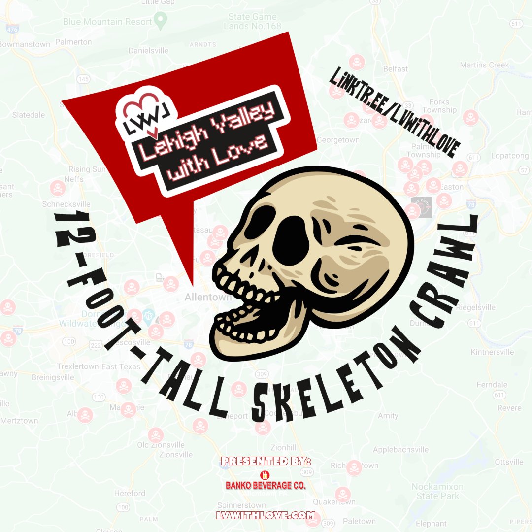 LVwithLove's tweet photo. Use our Lehigh Valley Map to find Halloween Decorations!!! https://t.co/aELv9s4iFV
The 12-Foot-Tall Skeleton Crawl presented by Banko Beverage Co.
Submit yours today!
#lehighvalley #halloween #yardskeleton #halloweendecorations https://t.co/qM3RqPwCkq