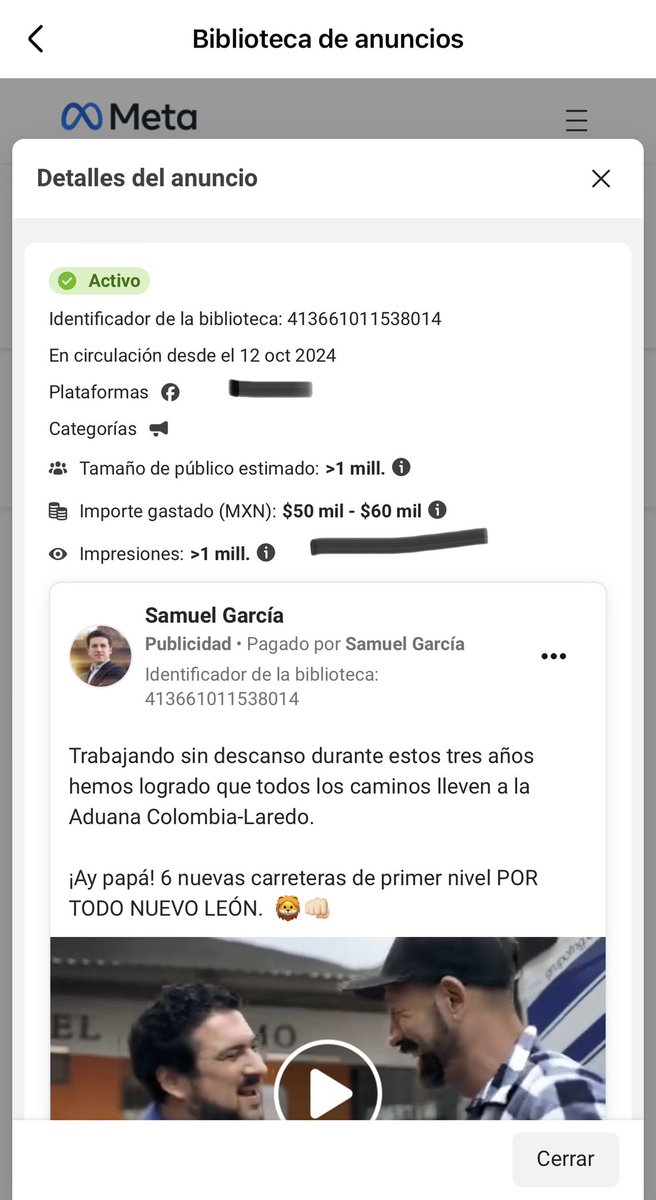ferrinoNoticias's tweet image. Aquí está, en Facebook cada anuncio de Samuel cuesta de 50 a 60 mil pesos y en Instagram van de 30 a 35 mil cada videito (está cantidad es según el día y el
Video) hechenle cuentas! Yo encontré al menos 3 videos diferentes de su “informe” y eso es lo que se publica en su cuenta…