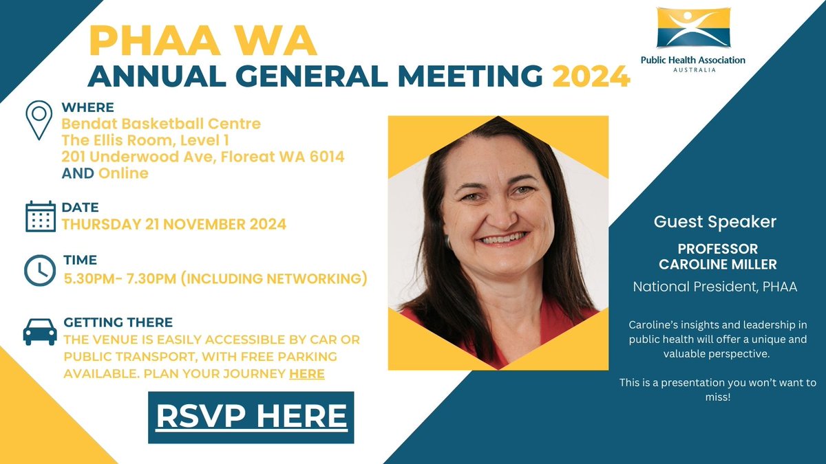 📢 PHAA WA AGM registrations open! Hear insights from PHAA National President Prof. Caroline Miller.

RSVP now🔗bit.ly/4h7oMtO