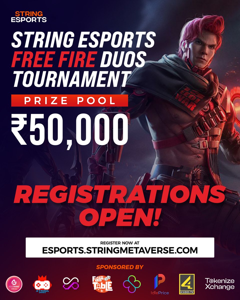 String_E_Sports's tweet image. Now its time for Dual Fight.

String Esports
Free Fire Duos Tournament
Register Now @ esports.stringmetaverse.com

#stringmetaverse #stringesports #esports #FreeFire  #freefireindia #freefiremax