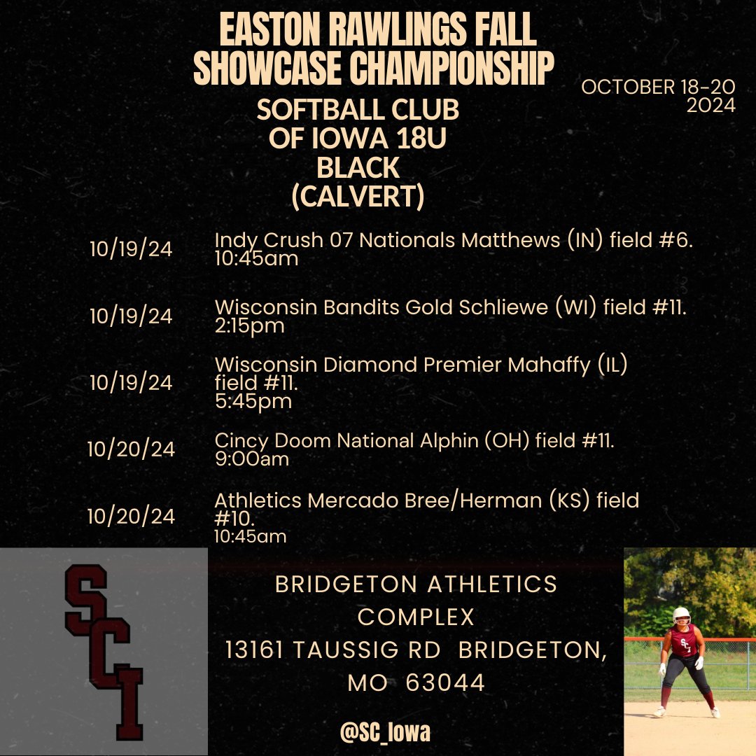 Looking forward to playing in the Easton Rawlings Elite Fall Showcase in St. Louis with my SCI team this weekend. Here is our schedule. Can't wait to play against some great competition.