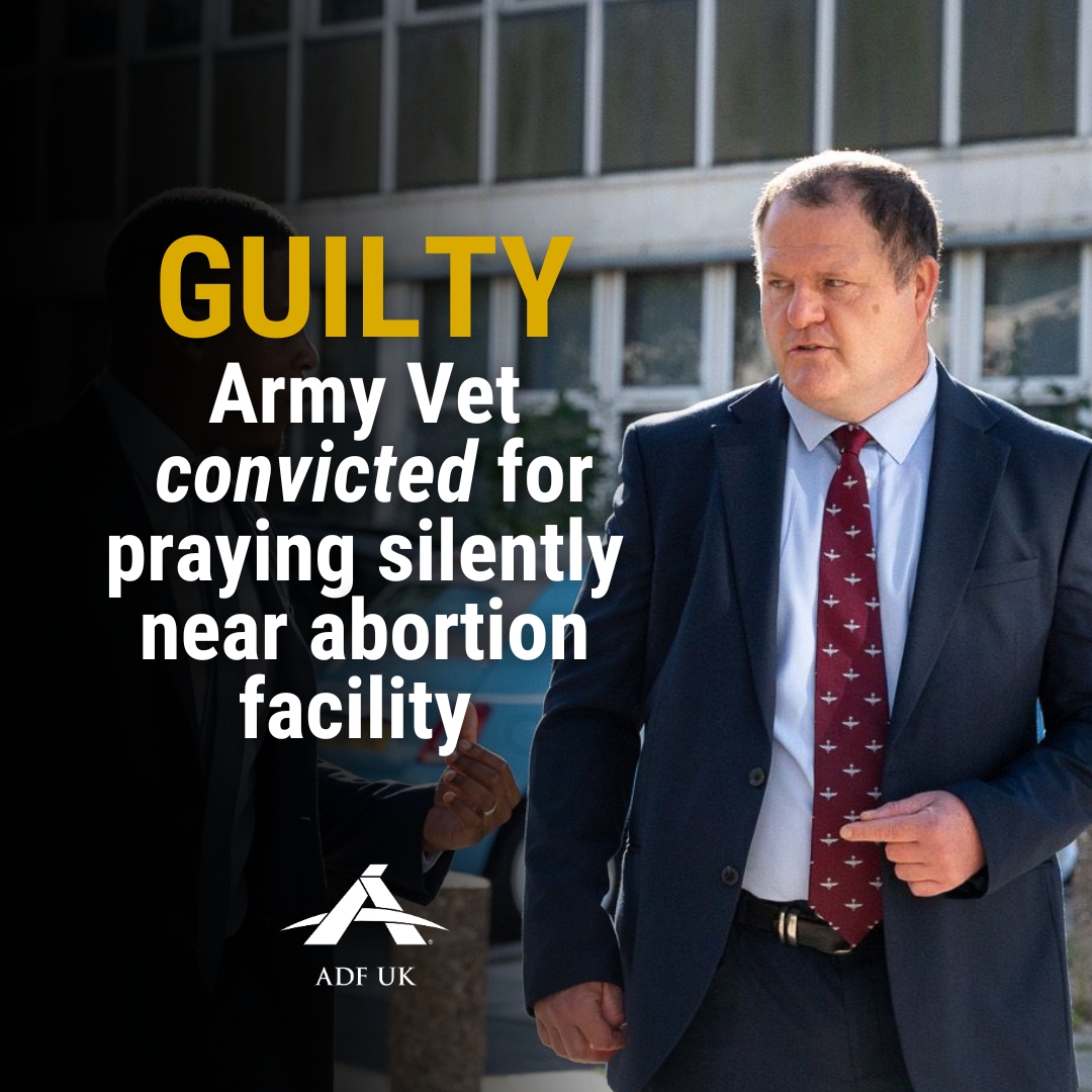 ADF_UK's tweet photo. 🚨🚨🚨BREAKING🚨🚨🚨

British courts have found Adam guilty for praying to God, silently in his mind, for 3 minutes in an abortion "buffer zone".

This is the first known conviction of a "thoughtcrime" in modern British history.