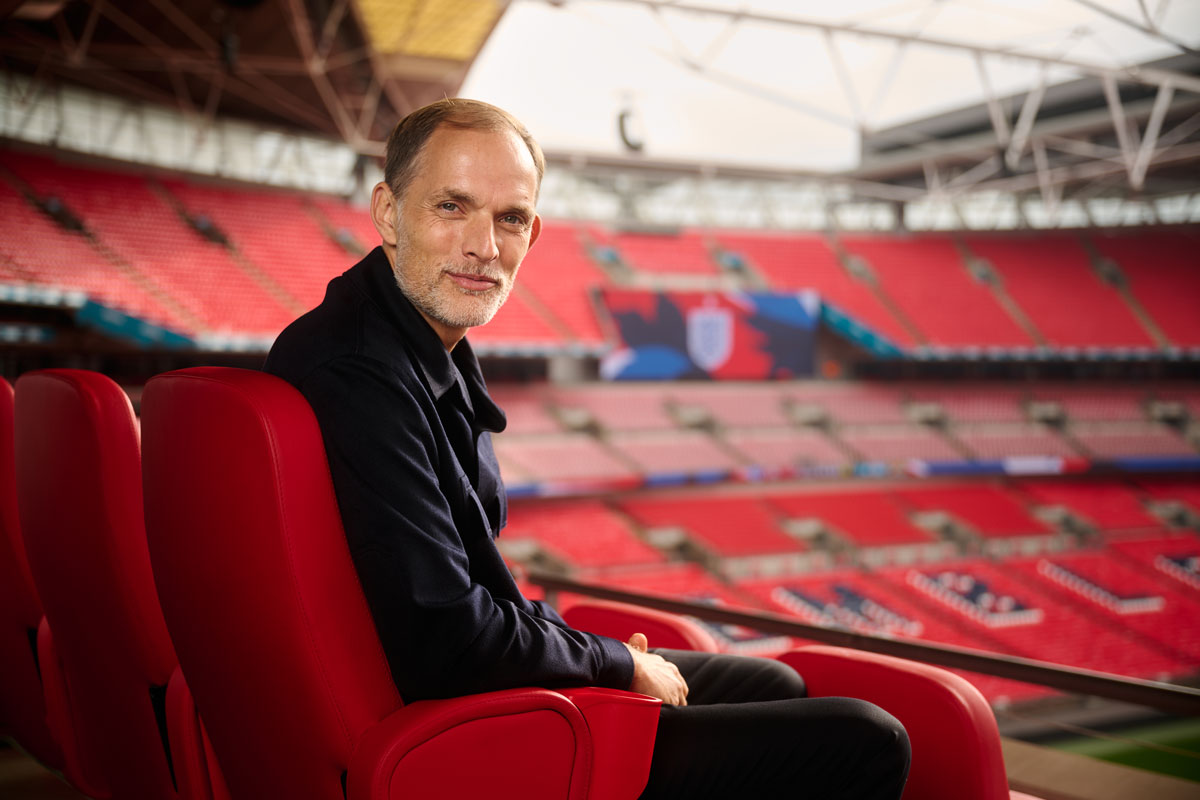 Thomas Tuchel smiles for a photo at Wembley