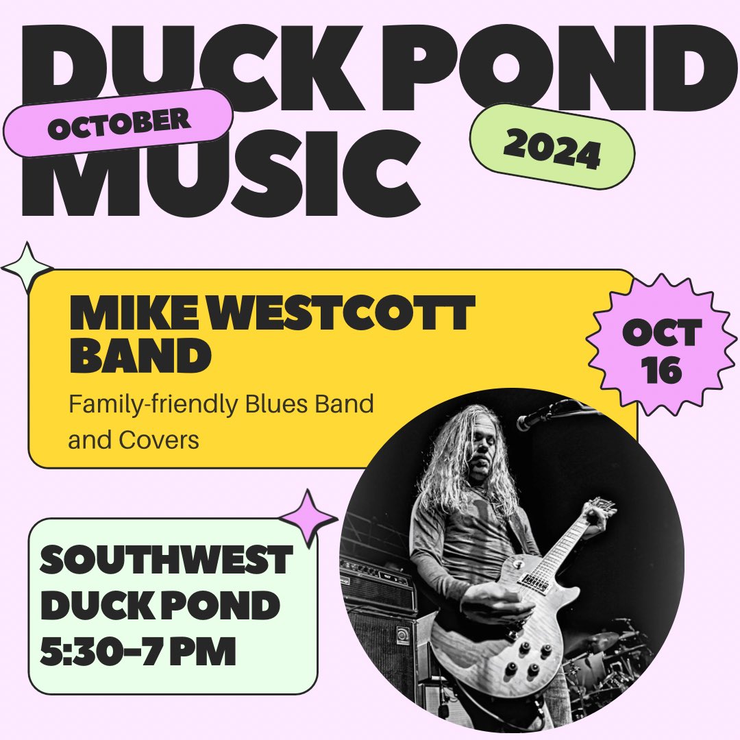TODAY 🎶 Join us for an evening of live music at the SW Duck Pond! 🎸

Come enjoy the *Mike Westcott Band*, a blues band playing your favorite covers. Bring your friends, family, and neighbors to relax, groove, and soak in the good vibes!
 
🕠 5:30 PM - 7:00 PM  
📍 SW Duck Pond