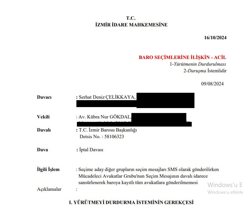 İZMİR BAROSU MENSUBU MESLEKTAŞLARIMIZA (SEÇMENE) DAVA VE BASIN AÇIKLAMASI DUYURUSU

Daha önce açıkladığımız üzere 4 aday grubun başkan adaylarının aldığı karar uyarınca baro tarafından tüm meslektaşlara gönderilmek üzere içeriğini belirlediğimiz seçim mesajımız hiçbir suç unsuru,