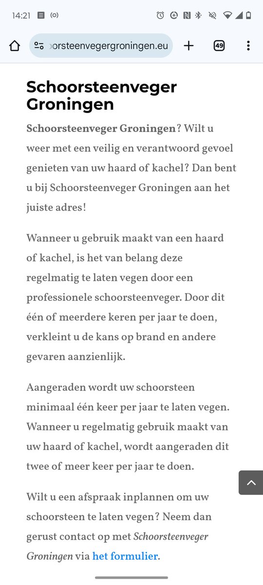 TharusThijs's tweet image. Als je Googlet op "schoorsteenveger &lt;plaatsnaam&gt;" vind je waarschijnlijk www.schoorsteenveger&lt;plaatsnaam&gt;. eu
Je kan gewoon voor elke plaatsnaam dezelfde automatisch gegenereerde site vinden. Denk je een lokale ondernemer te hebben, zijn het gewoon sketchy landelijke beunhazen.