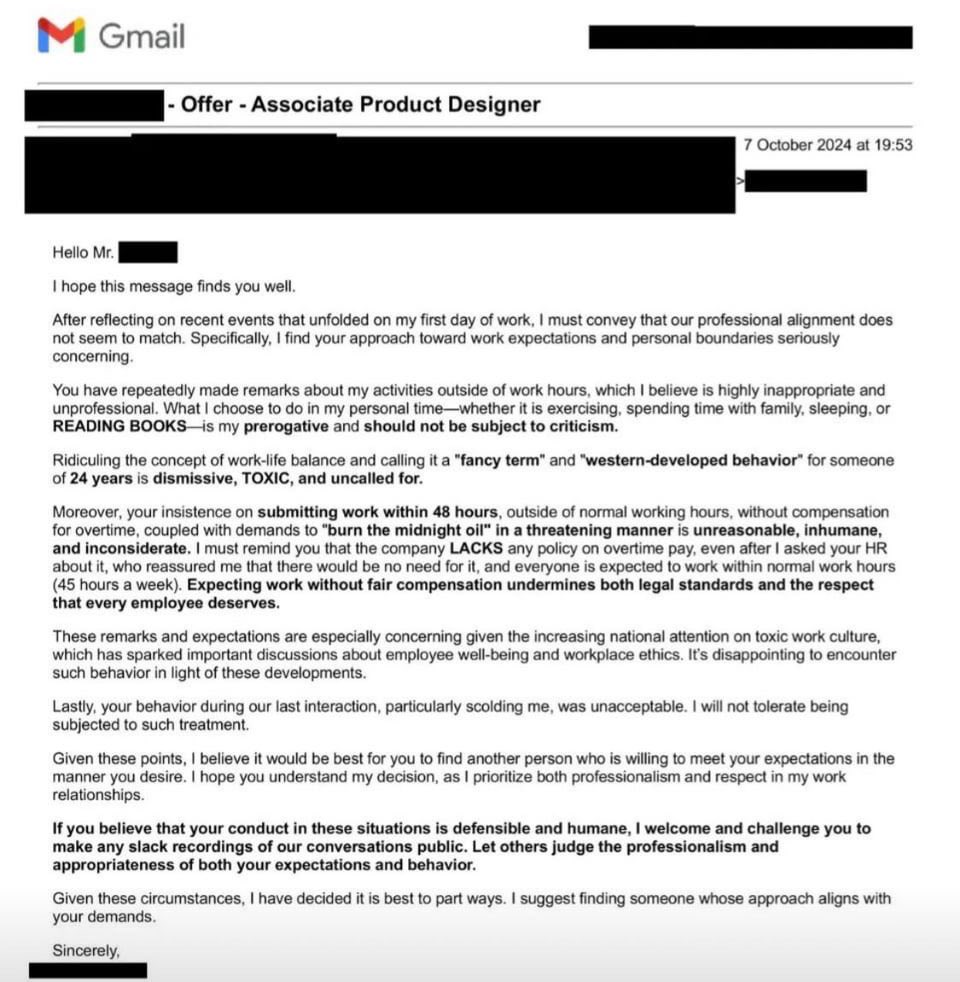 This email - of a Product Designer resigning after 1 day on the job - is going viral.

The employee clearly felt mistreated and mislead on their first day of work.

Yeah, that sucks. But responding like this? It’s not the move.

And IMO - it's equally his fault.

Here's why: