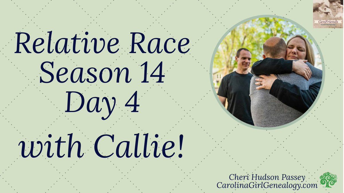 CarolinaGirlGen's tweet photo. GenFriends @TFamilytreegirl @TNArchivist @LauraLHedgecock @jennyhawran &amp; I welcome @Relative Race Season 12 Team Black winner Callie to help us with her insights on Season 14 Day 4! https://t.co/tNEAi5hciF #RelativeRace #BYUtv #Genealogy #FamilyHistory #DNA #Adoption https://t.co/aEO50HTVn9