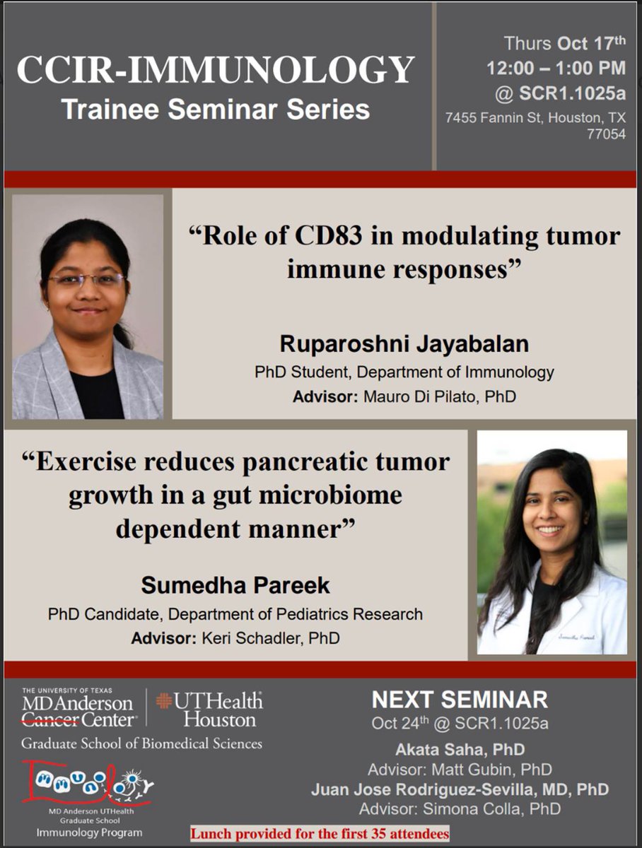 GSBS Immunology Program (@immunologygsbs) on Twitter photo CCIR-Immunology Trainee Seminar Series IS BACK!
🌱TOMORROW, 10/17 at 12 pm!🌱
Imm students,
Ruparoshni <a href="/Ruparoshni_J/">Ruparoshni Jayabalan</a> from Dr. Di Pilato's lab <a href="/DiPilatoMauro/">MauroDiPilato</a>
and
Sumedha <a href="/sumedhaiitm/">Sumedha Pareek</a> from Dr. Schadler's lab <a href="/SchadlerLab/">Keri Schadler</a>
will be presenting their research!
Lunch will be provided CCIR-Immunology Trainee Seminar Series IS BACK!
🌱TOMORROW, 10/17 at 12 pm!🌱
Imm students,
Ruparoshni <a href="/Ruparoshni_J/">Ruparoshni Jayabalan</a> from Dr. Di Pilato's lab <a href="/DiPilatoMauro/">MauroDiPilato</a>
and
Sumedha <a href="/sumedhaiitm/">Sumedha Pareek</a> from Dr. Schadler's lab <a href="/SchadlerLab/">Keri Schadler</a>
will be presenting their research!
Lunch will be provided